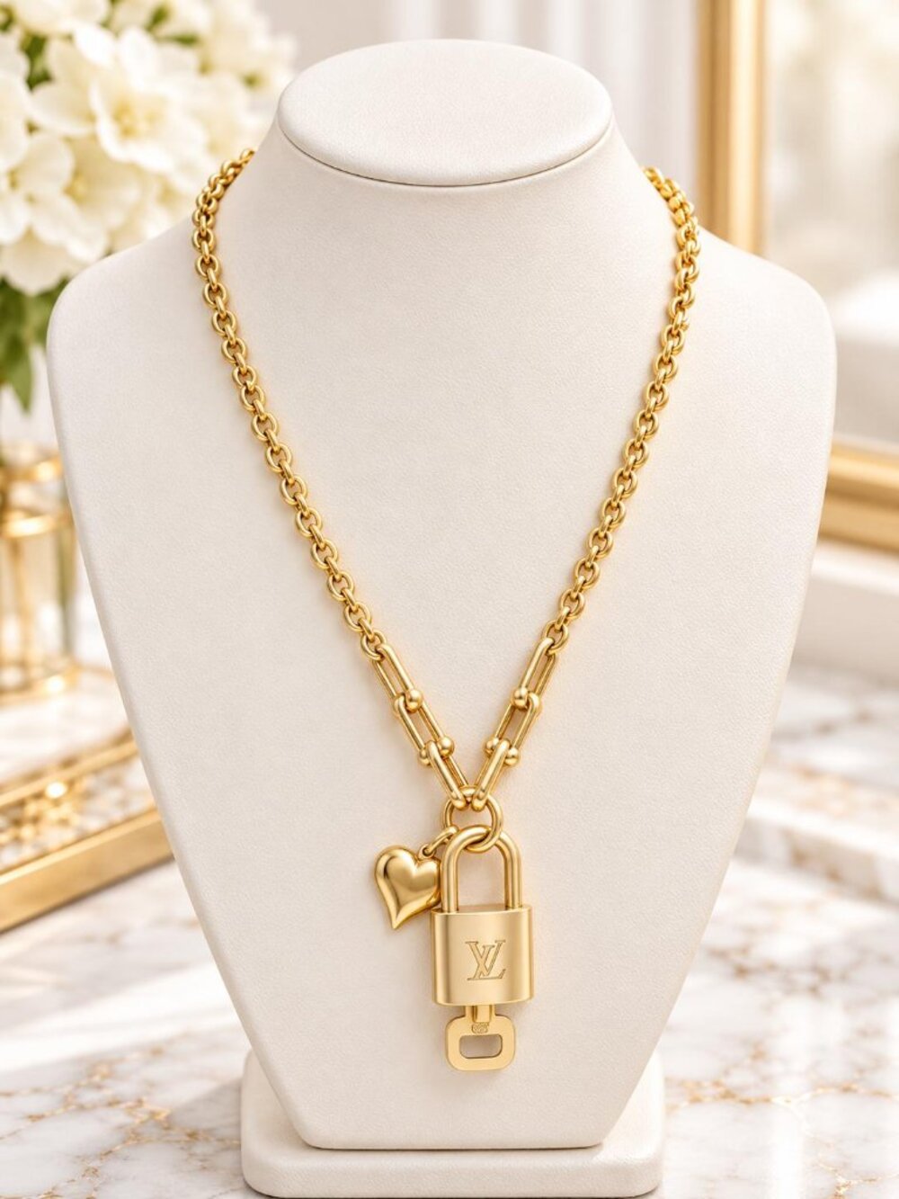Authentic Louis Vuitton Lock & Key w/ Unbranded Gold Plated Gold Chain Necklace